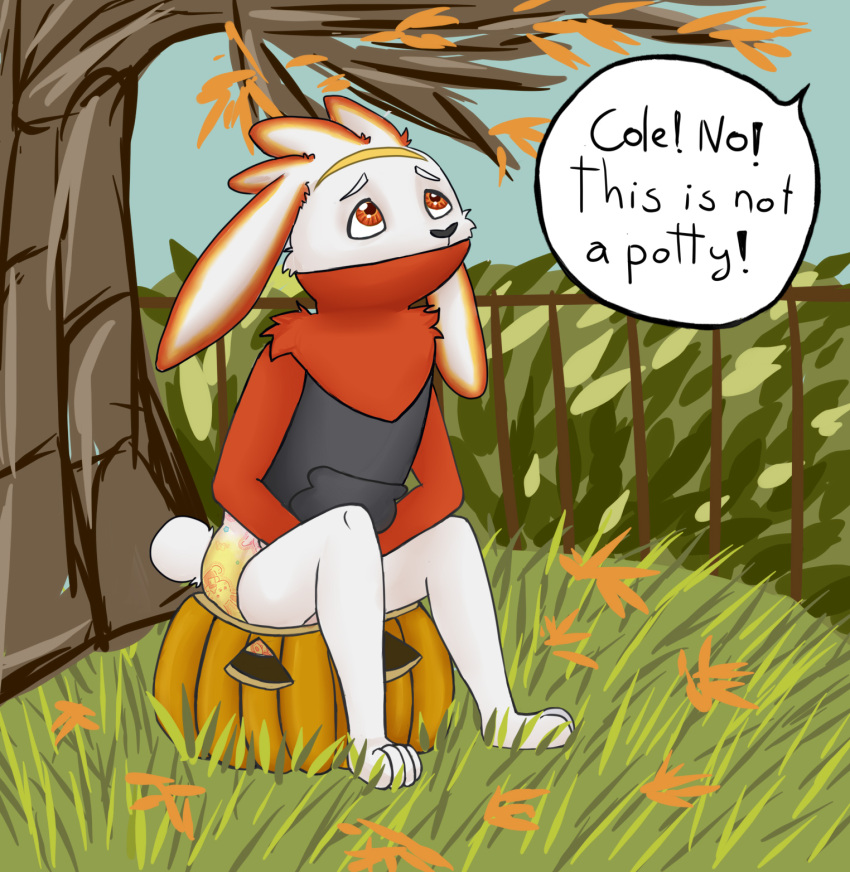 anthro bodily_fluids bunnyhopps clothing cole_the_raboot diaper english_text food fruit genital_fluids halloween hi_res holidays hoodie lagomorph leporid male mammal marealeopard nintendo padding peeing pink_diaper plant pok&eacute;mon pok&eacute;mon_(species) potty potty_training pumpkin rabbit raboot soggy_diaper solo story story_at_source story_in_description text topwear urine video_games wet wet_diaper wetting wetting_diaper