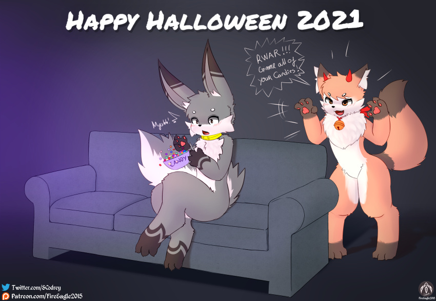 ! 2021 ambiguous_gender anthro bell bell_collar candy candy_bowl chest_tuft collar dessert devil_horns_(disambiguation) duo english_text fluffy fluffy_tail food fur furniture grey_body grey_fur halloween hi_res holiday_message holidays inner_ear_fluff iradeon logo long_ears nia_(senz) orange_body orange_fur patreon patreon_logo patreon_username pawpads sean_(senz) senz sofa surprised_expression text tuft twitter twitter_logo url