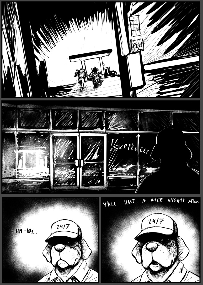 2021 anthro black_and_white breaking_the_fourth_wall canid canine canis carol_(hladilnik) comic creepy daniel_(hladilnik) domestic_dog ghost hi_res hladilnik mammal monochrome running spirit wolf