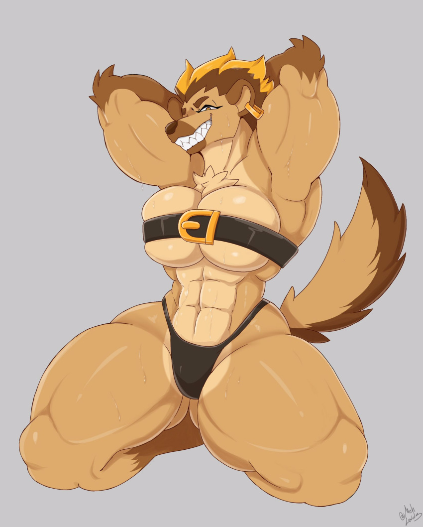 2021 abs anthro belt biceps big_breasts blonde_hair bodily_fluids breasts brown_body brown_fur brown_hair chest_tuft cleavage clothed clothing dog_knight_rpg ear_piercing ear_ring elbow_tuft eyebrows female fur grey_background grin hair hands_behind_head hi_res highlights_(coloring) hyaenid mammal mehdrawings midriff mohawk muscular muscular_female navel piercing rebell_(ceehaz) sharp_teeth signature simple_background smile solo spotted_hyena sweat teeth thick_eyebrows thick_thighs thong tuft under_boob underwear wide_hips yellow_eyes