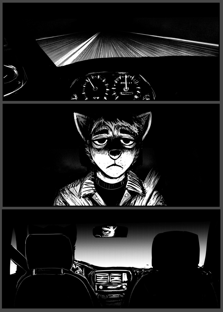 2021 anthro black_and_white canid canine canis car comic daniel_(hladilnik) driving hi_res hladilnik male mammal monochrome road solo vehicle wolf