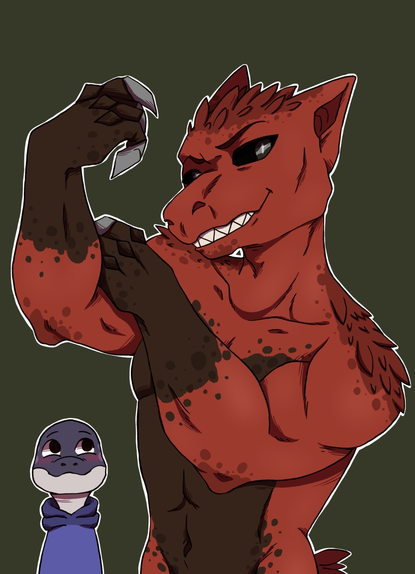 absurd_res anthro athletic athletic_male bal_shaloc biceps black_eyes claws clothing destiny_(video_game) duo flexing flustered hi_res hoodie looking_at_another looking_at_viewer male metal_claws purple_body purple_skin red_body red_scales reptile scales scalie sharp_claws sharp_teeth shirtless shirtless_male smile smirk snake teeth topwear war_beast