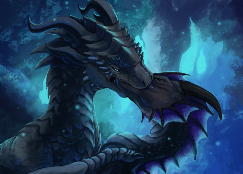 ambiguous/ambiguous ambiguous_gender black_body black_claws black_scales blue_eyes cheek_frill claws dorsal_frill dragon dragonheart duo facial_spikes female_(lore) feral feral_on_feral flamespitter french_kissing frill_(anatomy) frill_spines galelai head_crest hi_res horn kissing long_neck membrane_(anatomy) membranous_frill open_mouth pupils purple_membrane scales scalie shaded siveth_(dragonheart) slit_pupils spikes spikes_(anatomy) spines universal_studios wing_claws