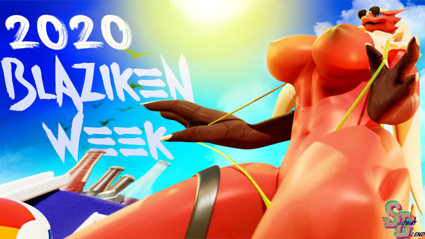 16:9 2020 3d_(artwork) anthro avian bikini blaziken clothed clothing digital_media_(artwork) eyewear female hi_res leather leg_strap looking_at_viewer navel nintendo nipples pok&eacute;mon pok&eacute;mon_(species) skimpy sling_bikini solo sowat-blend sunglasses swimwear text video_games widescreen