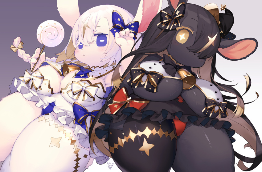 2021 4_fingers accessory anthro big_breasts black_body black_fur black_hair blue_eyes blush breasts candy cleavage clothed clothing dessert duo female fingers food frilly frilly_clothing fur hair hair_accessory hair_bow hair_ribbon hi_res holding_object huge_breasts kemono kishibe lagomorph legwear leporid lollipop looking_at_viewer mammal rabbit ribbons short_stack thick_thighs thigh_highs under_boob white_body white_fur white_hair yellow_eyes