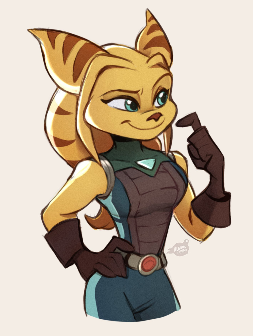 2021 alaynakgray angela_cross anthro belt breasts clothing eyebrows eyelashes female fur gloves hand_on_hip handwear hi_res lombax mammal portrait ratchet_and_clank smile solo sony_corporation sony_interactive_entertainment stripes teal_eyes three-quarter_portrait video_games yellow_body yellow_fur