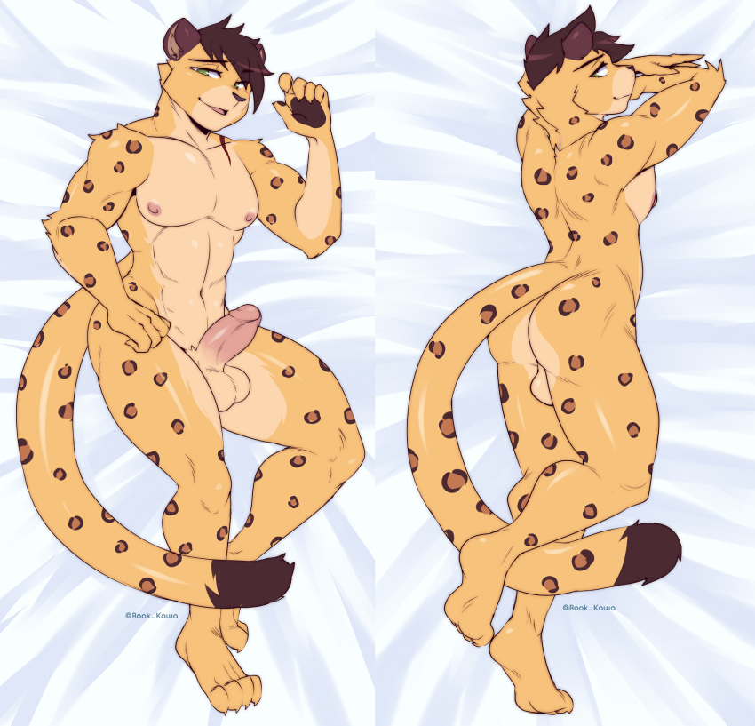 amur_leopard anthro balls bed bedroom_eyes body_pillow butt cole_(cole_rs) daki dakimakura_design dakimakura_pillow dakimakura_pose dakimakura_style digital_media_(artwork) erection felid front_view fur furniture genitals hair hi_res humanoid_genitalia humanoid_penis leopard looking_at_viewer lying male mammal narrowed_eyes nipples nude on_bed pantherine penis pillow rookie_bear scar seductive simple_background smile solo spots spotted_body spotted_fur