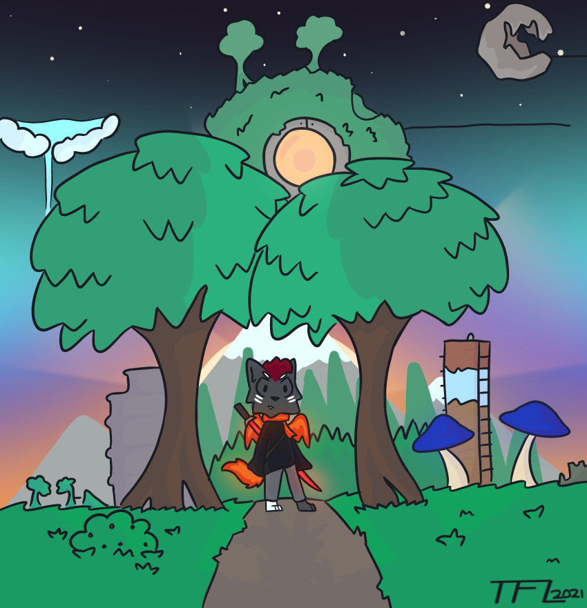 absurd_res anthro calamity_mod canid canine canis fire forest hi_res ike_(theflaminglite) male mammal mountain planet plant solo spread_wings sunrise terraria theflaminglite tree wings wolf