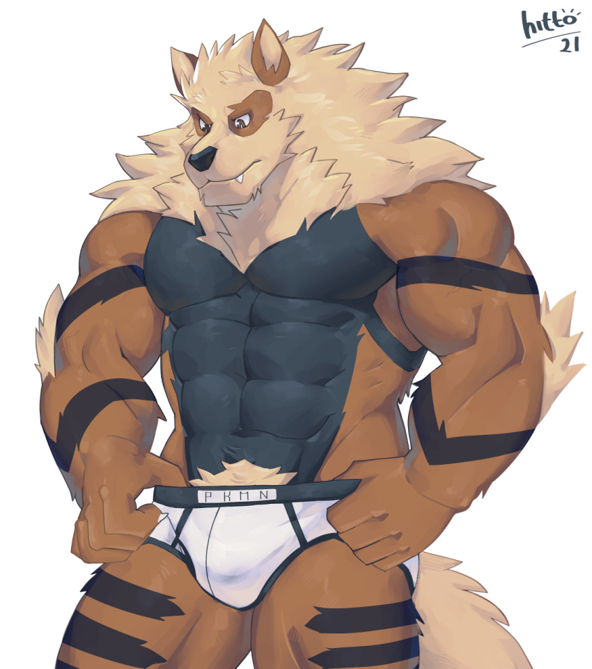 abs anthro anthrofied arcanine biceps black_body black_countershading black_fur brown_eyes clothed clothing countershading elbow_tufts fangs fluffy fluffy_tail fur hi_res hittoga holding_clothing holding_object holding_underwear male mane markings mostly_nude muscular muscular_anthro muscular_male neck_tuft nintendo orange_body orange_fur pecs pok&eacute;mon pok&eacute;mon_(species) pok&eacute;morph pubes simple_background solo tan_body tan_fur topless tuft underwear video_games white_clothing white_underwear