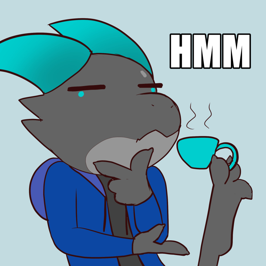 1:1 anthro barefoot blue_eyes clothed clothing container cup feet grey_body hi_res hoodie horn kobold male meme milachu92 reaction_image reptile scalie side_b solo text thinking topwear