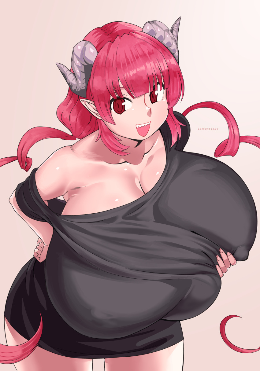 absurd_res animal_humanoid big_breasts bottomless breast_grab breasts cleavage clothed clothing dragon dragon_humanoid female hair hand_on_breast hi_res holding_breast horn huge_breasts humanoid humanoid_pointy_ears ilulu lemonbizate_(artist) miss_kobayashi's_dragon_maid nipple_outline nipples pink_hair red_eyes sharp_teeth shirt shirt_only short_stack solo teeth topwear topwear_only wide_hips