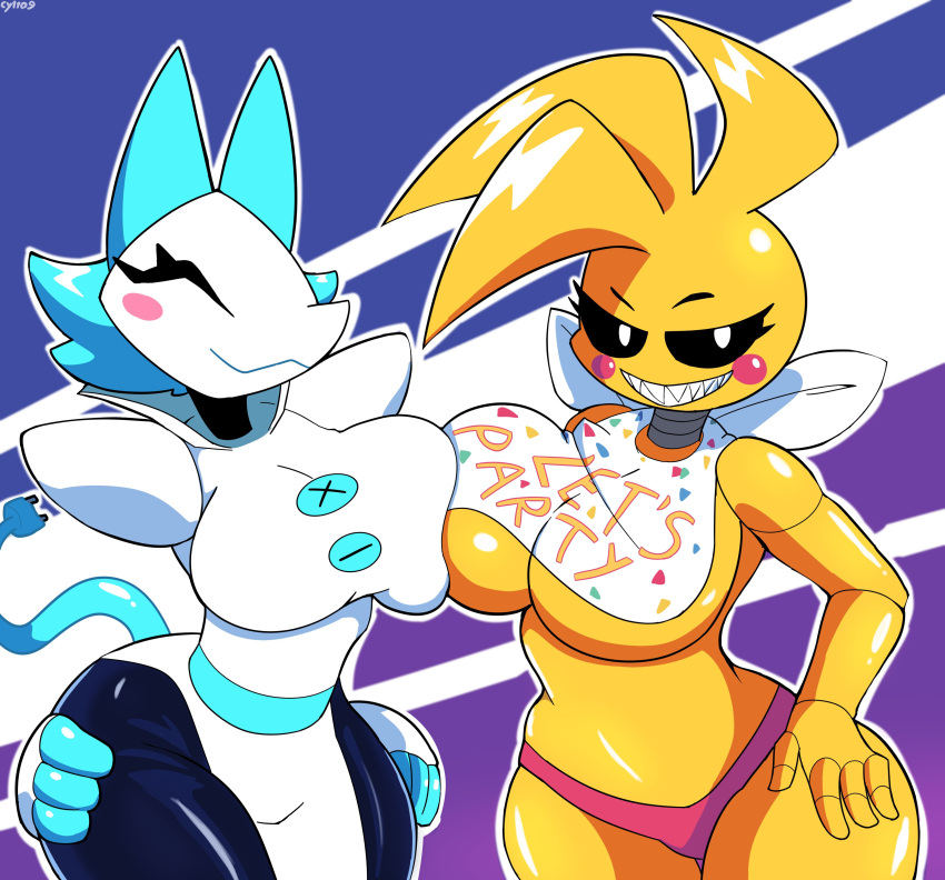 2021 absurd_res anthro anthrofied avian beakless bib big_breasts bird black_sclera blush blush_stickers breast_squish breasts breasts_frottage chicken clothed clothing curvaceous curvy_figure cyberlord1109 darkner deltarune duo female female/female five_nights_at_freddy's five_nights_at_freddy's_2 galliform gallus_(genus) hi_res machine non-mammal_breasts panties phasianid robot sharp_teeth smile squish tasque_manager teeth thick_thighs toy_chica_(fnaf) under_boob undertale_(series) underwear video_games voluptuous white_body white_eyes wide_hips yellow_body
