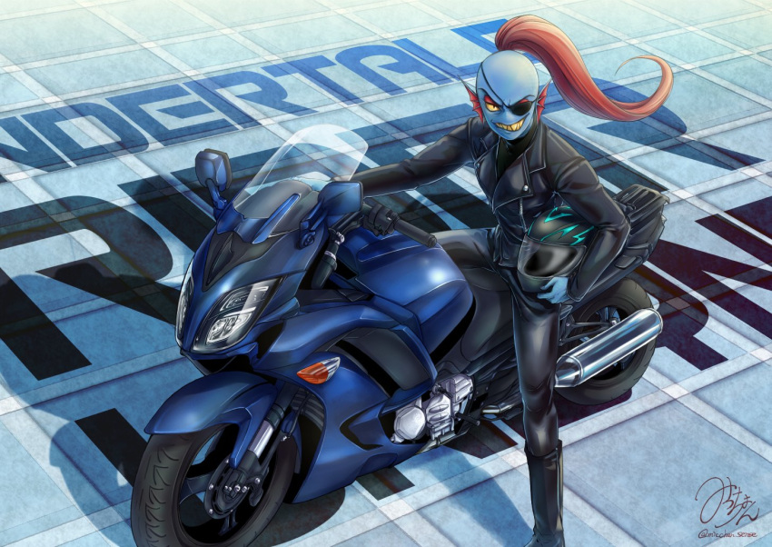 animal_humanoid black_clothing black_shirt black_topwear blue_body blue_skin boots clothing eye_patch eyewear female fin fish fish_humanoid footwear hair humanoid jacket looking_at_viewer marine marine_humanoid micchan_sense motorcycle motorcycle_helmet ponytail red_hair shirt sitting solo topwear undertale_(series) undyne vehicle