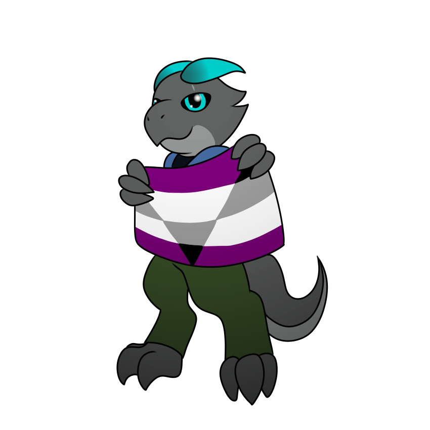 1:1 absurd_res aegosexual_pride_colors albinoraynedeer alpha_channel anthro barefoot biped black_sclera blue_eyes bottomwear claws clothed clothing digitigrade feet flag grey_body hi_res holding_flag holding_object hoodie horn kobold lgbt_pride looking_at_viewer male pants pride_colors reptile scalie scar side_b simple_background smile solo standing topwear transparent_background