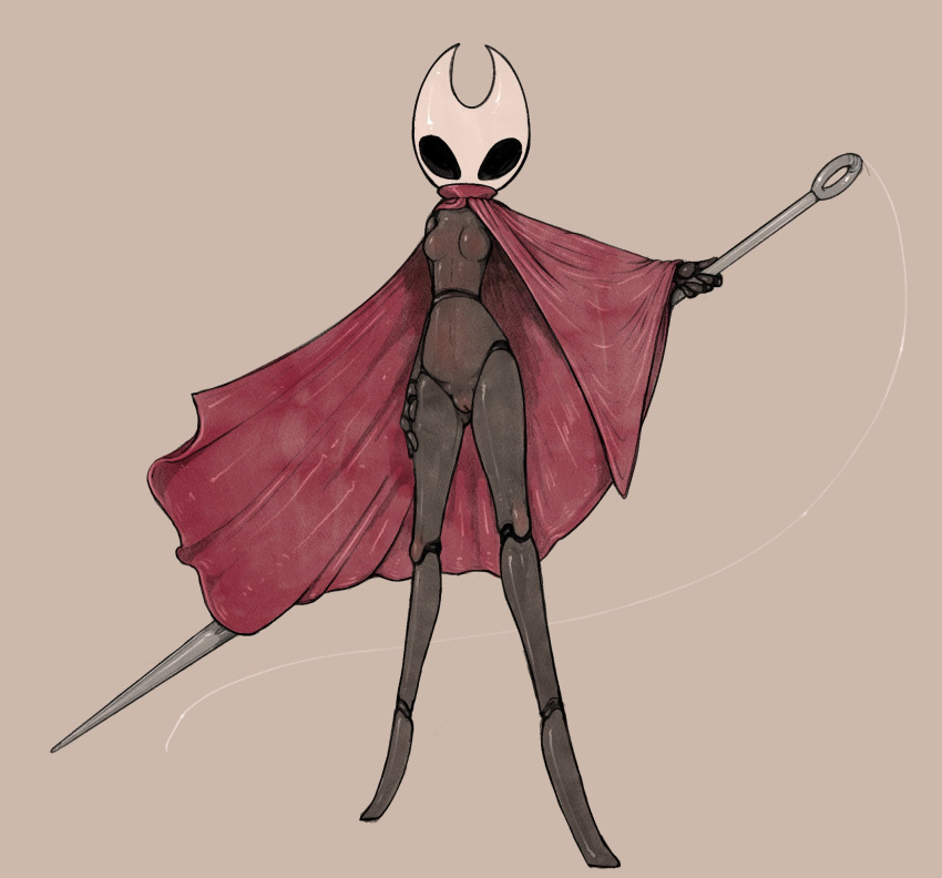 anthro arthropod black_body breasts featureless_breasts female genitals hi_res hollow_knight hornet_(hollow_knight) insect melee_weapon polearm pussy scruffythedeer simple_background spear team_cherry video_games weapon white_head