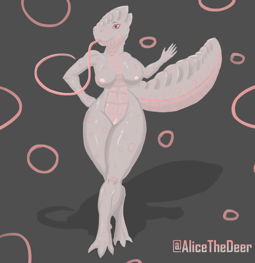 absurd_res alicethedeer anthro circle dots female fully_shaded hi_res nude pink_eyes pinup pose reptile scales scalie simple_background solo thick_butt thick_tail thick_thighs white_body white_skin