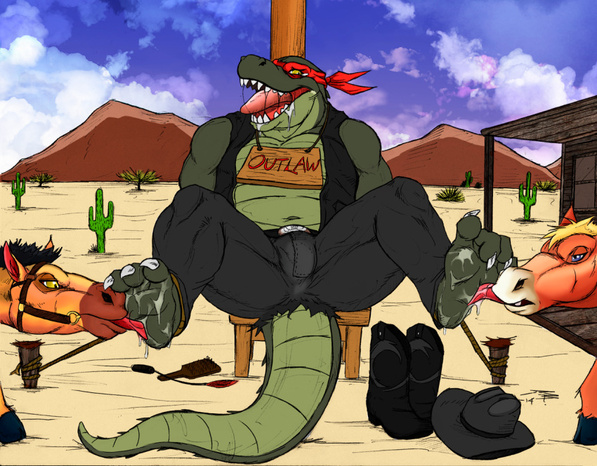 3_toes alligator alligatorid anthro black_bottomwear black_clothing black_pants black_topwear black_vest bodily_fluids boots bottomwear bound cactus clawed_toes claws clothing cowboy_boots cowboy_hat crazydrak crocodile crocodilian crocodylid crying_laughing desert equid equine feet feral foot_fetish foot_lick foot_play footwear fur green_body green_scales group hat headgear headwear horse laugh licking male mammal multicolored_body multicolored_scales open_maw open_mouth orange_body orange_fur pants plant reptile saliva saliva_on_foot scales scalie soles spanking_paddle spread_legs spreading toes tongue tongue_out topwear trigger_(wordcaster) two_tone_body two_tone_scales yellow_eyes
