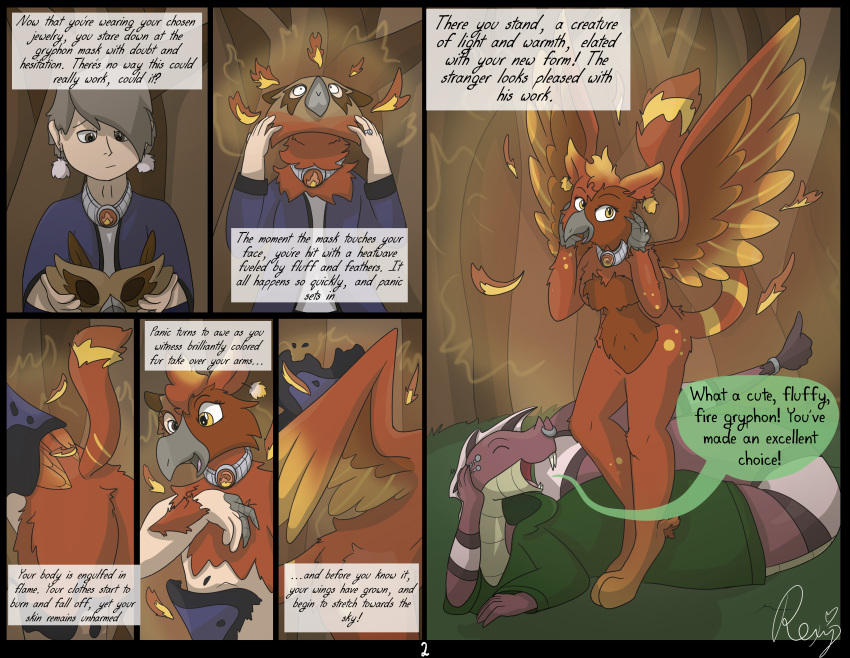 absurd_res anthro avian burnt_clothing comic duo english_text female fire fluffy forest gryphon hi_res jewelry magic male mask mythological_avian mythology outside plant reptile roxythefoxy scalie snake species_transformation text transformation transformation_sequence tree warm_colors