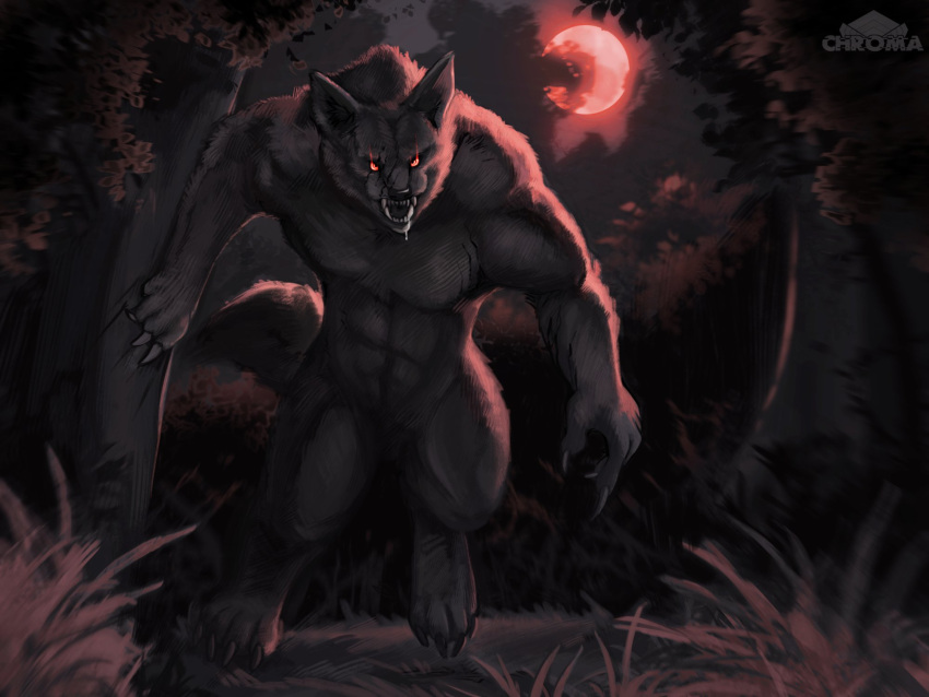 2021 4:3 abs anthro artist_name biped black_nose bodily_fluids canid canine canis chromamancer claws crotch_tuft drooling facial_scar fangs featureless_crotch forest front_view full_moon glowing glowing_eyes grass handpaw hi_res hindpaw hunchback male mammal moon muscular muscular_anthro muscular_male night outside paws pecs plant red_eyes red_moon running saliva scar scratches sharp_teeth snarling solo teeth tree tuft were werecanid werecanine weretober werewolf wolf