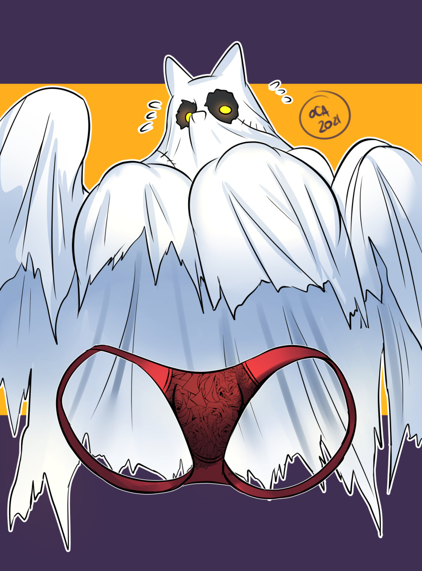 2021 anthro big_breasts breasts clothing embarrassed female ghost glowing glowing_eyes hi_res invisible inviting nervous_sweat not_furry ocaritna orange_background panties red_clothing red_panties red_underwear sheet_ghost simple_background solo spirit underwear white_sheets