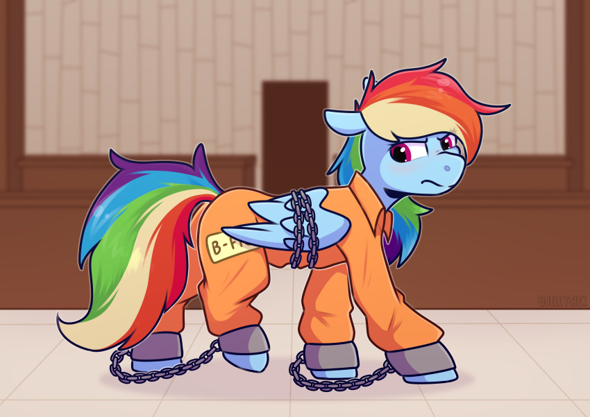 absurd_res blush chain chained courtroom equid equine female feral friendship_is_magic grumpy handcuffs hasbro hi_res horse jellysiek mammal my_little_pony pegasus pony prison_jumpsuit prison_suit prison_uniform prisoner rainbow_dash_(mlp) restraints shackles solo wings