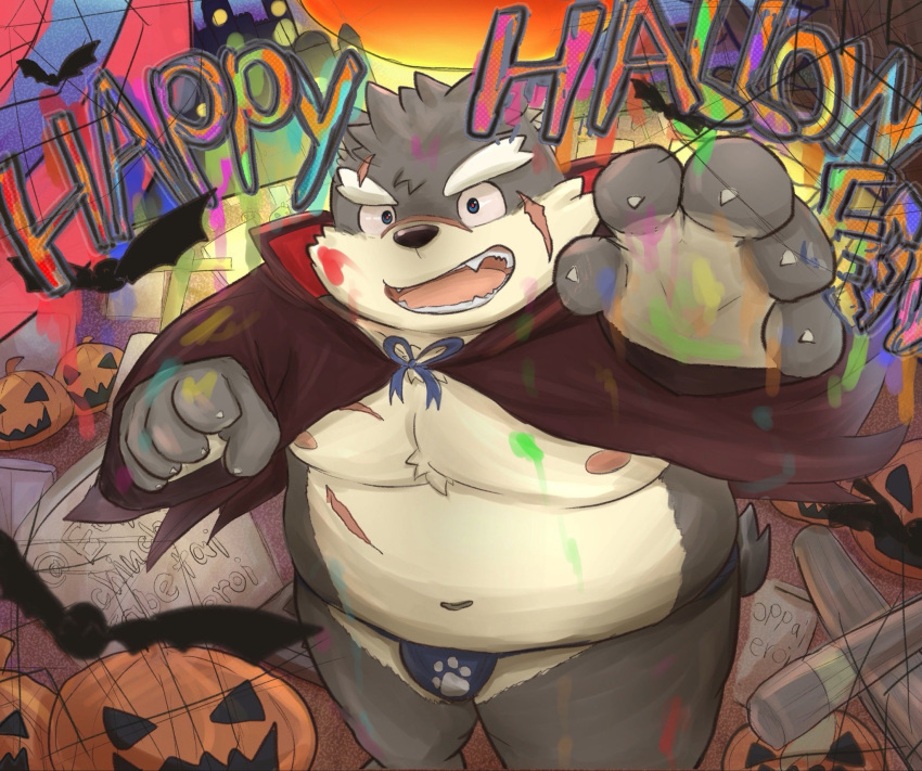 anthro asian_clothing belly canid canine canis cape claws clothing domestic_dog east_asian_clothing echiechiiiiii eyebrows food fruit fundoshi halloween hi_res holidays jack-o'-lantern japanese_clothing lifewonders male mammal moritaka navel nipples overweight plant pumpkin scar solo thick_eyebrows tokyo_afterschool_summoners underwear video_games