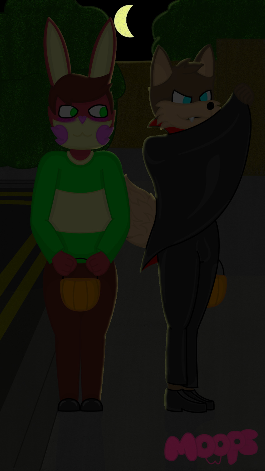 9:16 anthro blue_eyes blush canid canine canis chara_(undertale) clothed clothing cosplay duo dyed_fur felix(moopsart) green_eyes halloween halloween_costume hi_res holidays lagomorph leporid light male male/male mammal moonlight moops(moopsart) moopsart rabbit trick_or_treat undertale undertale_(series) vampire_costume video_games wolf