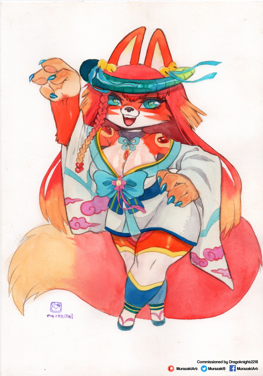 absurd_res anthro asian_clothing big_breasts biped braided_hair breasts canid canine chibi clothing east_asian_clothing female fox fur hair hi_res japanese_clothing jewelry kemono kimono looking_at_viewer mammal murazaki open_mouth painting_(artwork) simple_background smile solo thick_thighs traditional_media_(artwork) watercolor_(artwork) white_background wide_hips