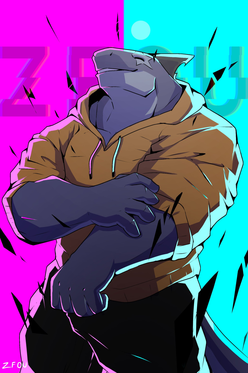 2:3 absurd_res anthro big_muscles black_bottomwear black_clothing black_pants bottomwear clothed clothing eyes_closed fin fish grey_body grey_scales hi_res hoodie male marine muscular muscular_anthro muscular_male pants pecs scales shark simple_background smile solo standing star_marking topwear yellow_hoodie zfou