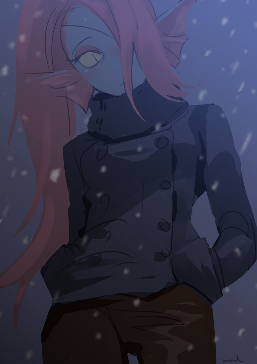 absurd_res animal_humanoid bottomwear clothing coat eye_patch eyewear female fin fish fish_humanoid hair hair_over_eye hi_res humanoid looking_at_viewer marine marine_humanoid noaharbre one_eye_obstructed pants pupils red_hair simple_background slit_pupils snow solo topwear undertale_(series) undyne yellow_sclera