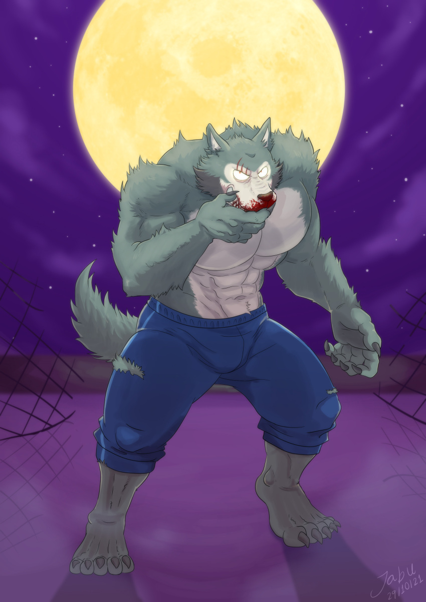 2021 abs absurd_res anthro beastars biceps blood blood_on_face bodily_fluids bottomwear canid canine canis clothing denim denim_clothing duo eye_scar facial_scar full_moon hi_res jabuhusky jeans legoshi_(beastars) legwear looking_at_viewer male mammal moon muscular muscular_anthro muscular_male night outside pants pecs purple_sky scar torn_bottomwear torn_clothing torn_jeans torn_legwear torn_pants tufted_fur wolf