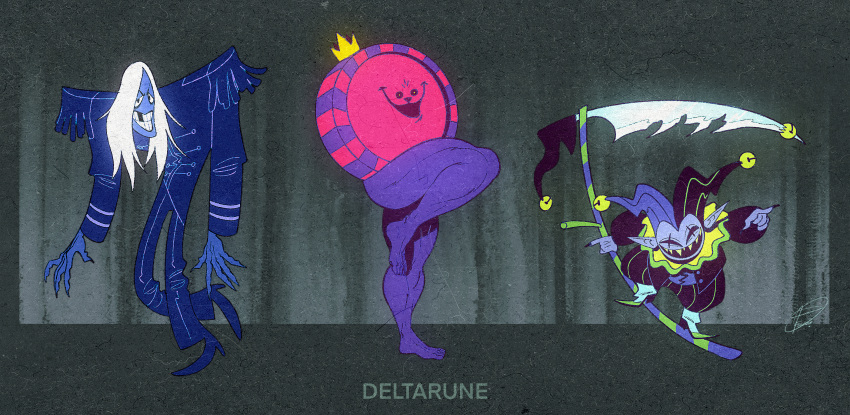 2021 5_fingers 5_toes crown darkner deltarune feet fingers gesture grey_background grillhou5e group hair hi_res human humanoid humanoid_pointy_ears jester jevil_(deltarune) king_round male mammal melee_weapon missing_tooth muscular_legs open_mouth open_smile pointing polearm rouxls_kaard scythe sharp_teeth simple_background smile teeth text toes undertale_(series) video_games weapon white_hair