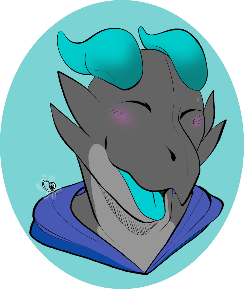 alpha_channel anthro blush clothing crowflyproductions eyes_closed grey_body happy hi_res hoodie horn kobold male open_mouth portrait reptile scalie scar side_b solo tongue topwear