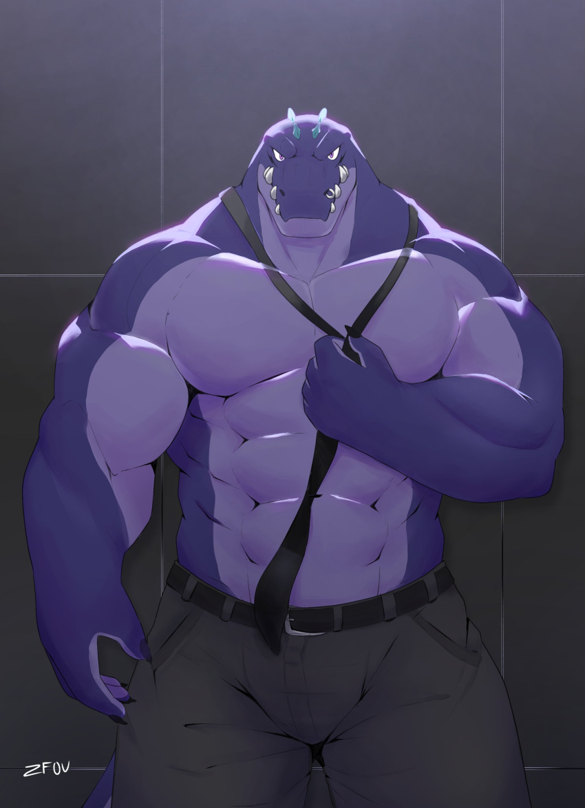 abs absurd_res angry anthro belt biceps black_claws bottomwear claws clothed clothing countershading crocodile crocodilian crocodylid facial_piercing grey_bottomwear grey_clothing grey_pants hi_res looking_at_viewer male muscular muscular_anthro muscular_male necktie nose_piercing nose_ring pants partially_clothed pecs piercing pink_body pink_countershading pink_scales purple_body purple_eyes purple_scales reptile scales scalie sharp_teeth solo spikes teal_spikes teeth topless undressing wall_(structure) zfou