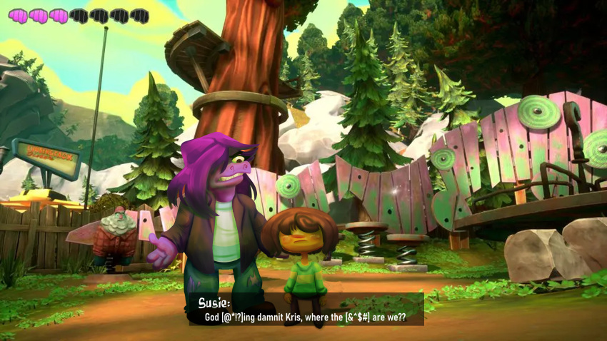 4_fingers anthro brown_hair caption clothed clothing deltarune dialogue dinosaur duo english_text female fingers hair hi_res human humor kris_(deltarune) kris_where_are_we male mammal meme outside parody plant psychonauts purple_body purple_hair reptile rezllen scalie screencap screencap_background size_difference sky style_parody susie_(deltarune) text tree undertale_(series) video_games