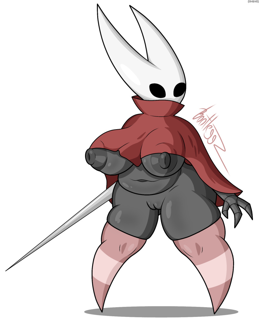 2021 alpha_channel anthro arachnid arthropod big_breasts black_body black_eyes black_nipples blush bootleggz breasts butt cel_shading cloak clothed clothing digital_media_(artwork) fecharis female fingers footwear genitals glistening glistening_body hi_res hollow_knight horn hornet_(hollow_knight) huge_breasts humanoid insect legwear nipples not_furry puffy_nipples pussy shaded signature simple_background slightly_chubby socks solo spider standing stockings team_cherry thick_thighs topwear transparent_background under_boob video_games weapon
