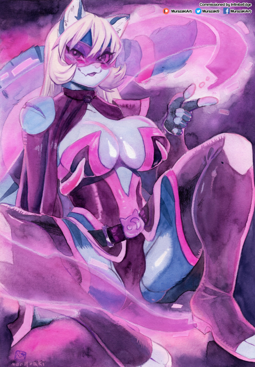 abstract_background absurd_res anthro belt big_breasts biped boots breasts cleavage cloak clothed clothing corset eyewear felid feline female footwear fur futuristic_clothing goggles hair hi_res inner_ear_fluff legwear lingerie long_hair looking_at_viewer mammal murazaki painting_(artwork) shoes sitting smile solo spread_legs spreading thigh_boots thigh_highs topwear traditional_media_(artwork) tuft watercolor_(artwork)