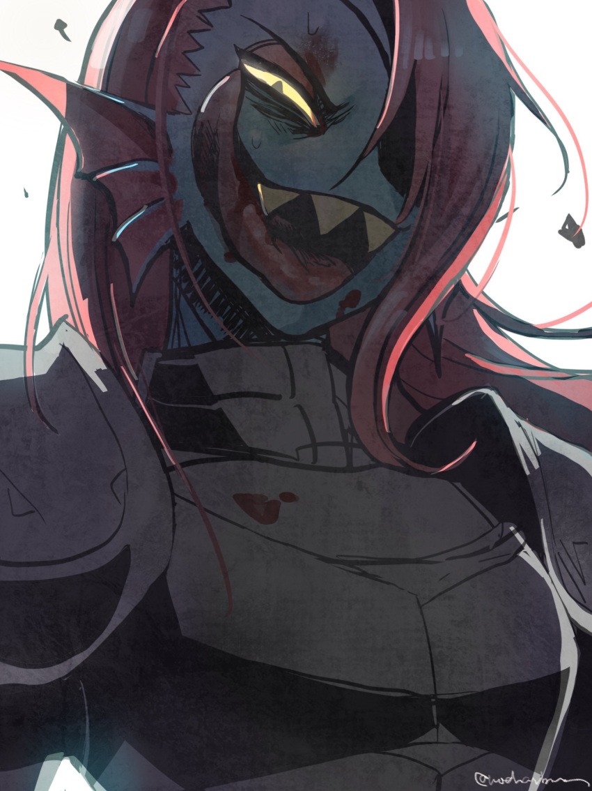 animal_humanoid armor breastplate eye_patch eyewear female fin fish fish_humanoid hair hi_res humanoid looking_at_viewer marine marine_humanoid noaharbre red_hair sharp_teeth simple_background solo teeth tongue tongue_out undertale_(series) undyne white_background yellow_sclera