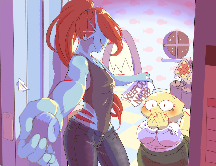 5_fingers alphys animal_humanoid anthro blush bottomwear breasts clothed clothing denim denim_clothing dinosaur door female fin fingers fish fish_humanoid fully_clothed gills hair hi_res humanoid jeans konbas machine marine marine_humanoid mettaton non-mammal_breasts pants red_hair reptile robot scalie shirt skirt small_breasts smile tank_top teeth thick_tail topwear trash_can undertale undertale_(series) undyne video_games waterfall wide_hips