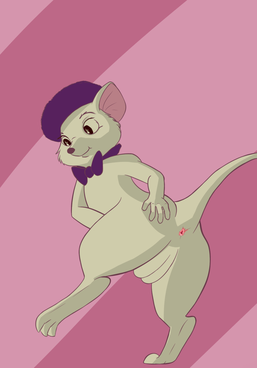 anthro anus azl_l bottomless butt clothed clothing dialogue disney don_bluth female fur genitals hat headgear headwear hi_res looking_at_viewer looking_back mammal miss_bianca_(the_rescuers) mouse murid murine plump_labia presenting presenting_hindquarters purple_clothing purple_hat purple_headwear purple_topwear pussy rear_view rodent solo the_rescuers_(disney) tongue topwear white_body white_fur