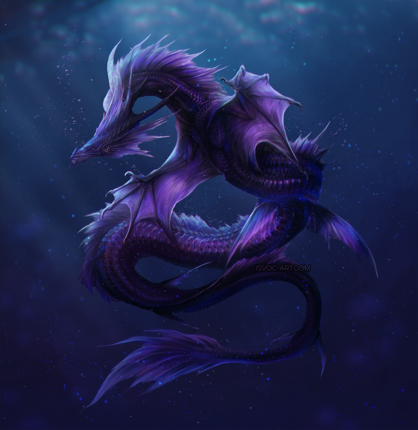 2021 ambiguous_gender aquatic_dragon bubble claws detailed detailed_scales digital_media_(artwork) dragon feral hi_res isvoc marine purple_body purple_scales scales scalie shaded solo spines text underwater url water