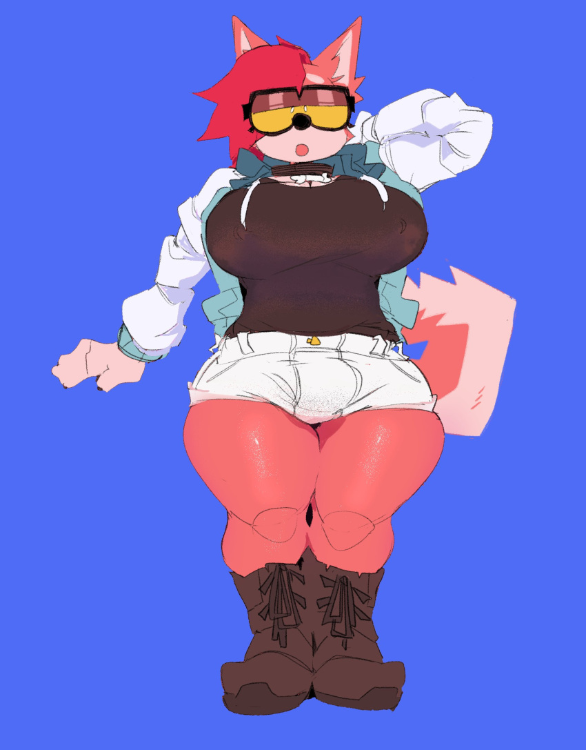 absurd_res anthro big_breasts blue_background boots bottomwear breasts bulge canid canine clothing collar footwear gynomorph half-closed_eyes hi_res intersex jacket mammal narrowed_eyes nipple_outline sammy_(dogfluid) shorts simple_background solo thick_thighs topwear velvetomo