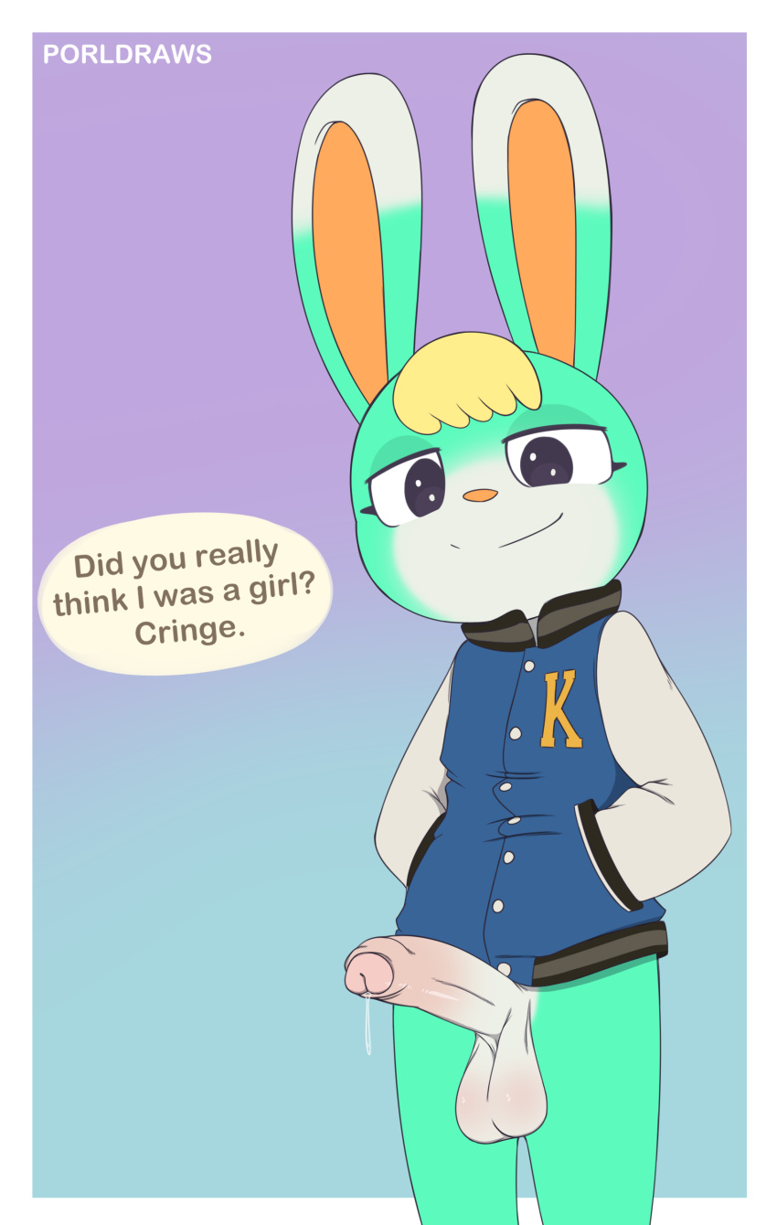 absurd_res animal_crossing anthro balls bodily_fluids bottomless clothed clothing dialogue digital_media_(artwork) english_text erection foreskin genital_fluids genitals girly hi_res humanoid_genitalia humanoid_penis jacket lagomorph leporid long_ears looking_at_viewer male mammal nintendo partially_clothed partially_retracted_foreskin penis porldraws precum rabbit sasha_(animal_crossing) signature simple_background smile solo speech_bubble talking_to_viewer text topwear video_games