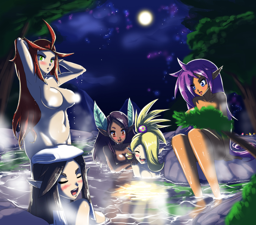 black_hair blonde_hair blush breasts convenient_censorship eyes_closed female genie group hair harmony_(shantae) hi_res hot_spring humanoid moon navel night not_furry nude partially_submerged plink_(shantae) purple_hair red_hair shantae shantae_(series) sonicboom30813 vera_(shantae) video_games water wayforward zapple_(shantae)