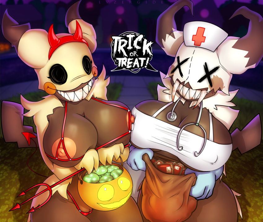 2021 big_breasts breasts clothing dialogue duo english_text female genitals halloween hi_res holidays huge_breasts lysergide mimikyu nintendo nipple_outline nipples pok&eacute;mon pok&eacute;mon_(species) pussy text video_games