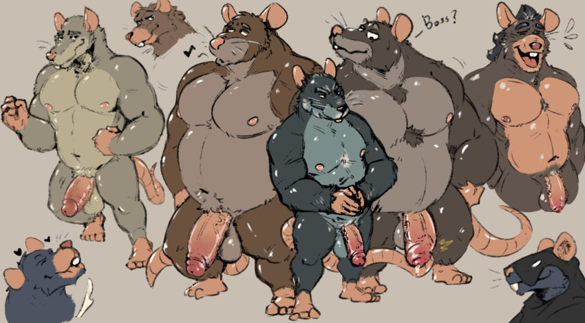 2021 anthro balls belly brown_body eyes_closed genitals grey_body group humanoid_genitalia humanoid_hands humanoid_penis male male/male mammal moobs murid murine musclegut nipples overweight overweight_male penis pure_command rat rodent