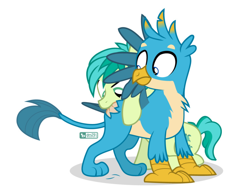 5:4 alpha_channel avian bite blue_eyes butt_biting cutie_mark dm29 duo equid equine feral gallus_(mlp) gryphon hair hasbro horse male mammal multicolored_hair my_little_pony mythological_avian mythology pony sandbar_(mlp) simple_background transparent_background turquoise_hair two_tone_hair