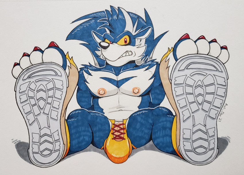 2021 4_toes anthro anti_dev bulge clothing feet foot_focus footwear genitals idw_publishing male mammal mephitid nipples penis rough_the_skunk sega shoes simple_background skunk solo sonic_the_hedgehog_(comics) sonic_the_hedgehog_(idw) sonic_the_hedgehog_(series) toes torn_shoes traditional_media_(artwork) white_background yellow_sclera