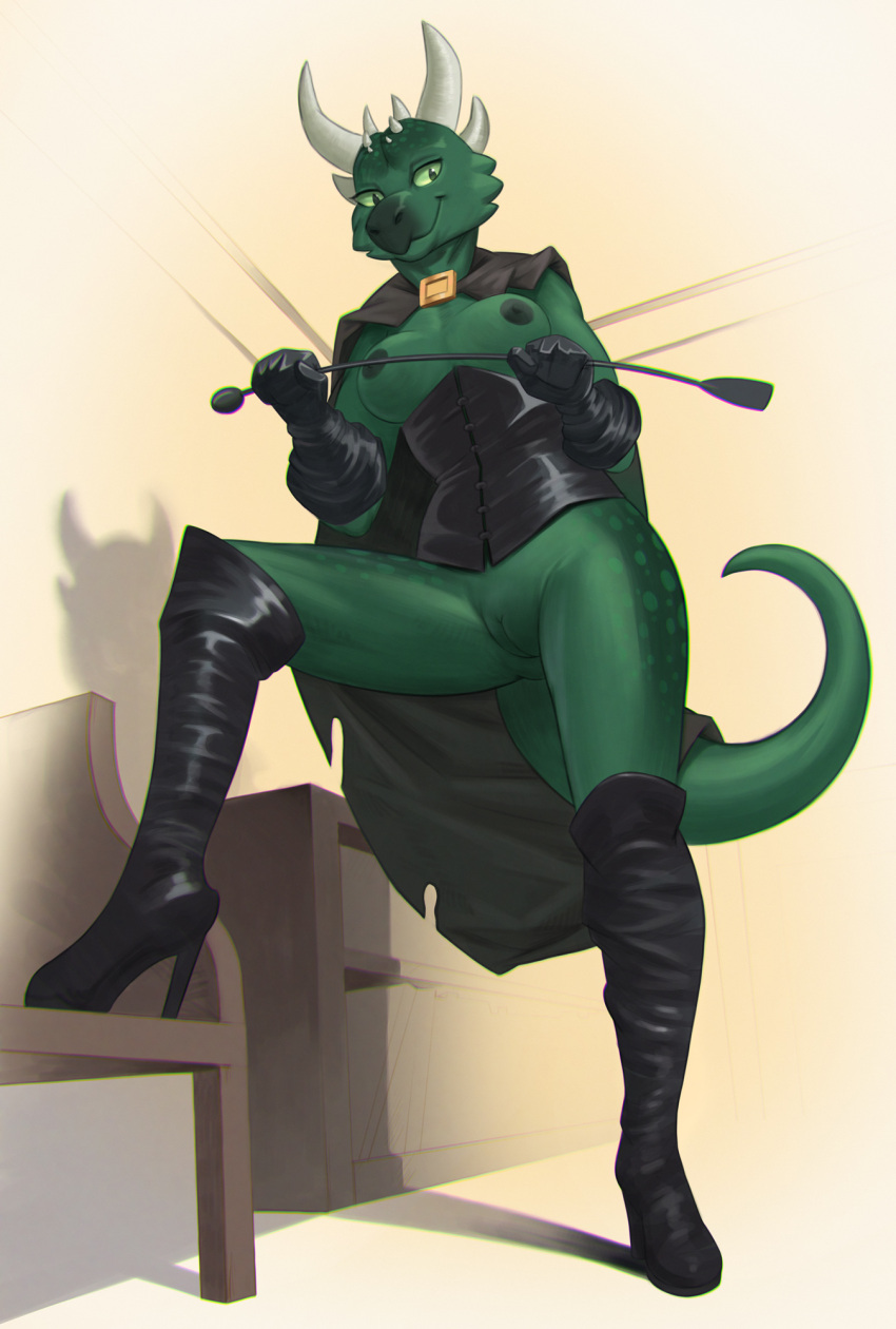 anthro armwear black_nipples boots bottomless breasts cape cleft_of_venus clothed clothing conditional_dnp corset dark_nose dragon elbow_gloves female footwear genitals gloves green_body green_eyes green_scales handwear hi_res high_heeled_boots high_heels horn ineffective_clothing jotun22 knee_boots knee_highs legwear lingerie looking_at_viewer low-angle_view nipples one_leg_up pussy raised_leg reptile riding_crop rubber scales scalie smile solo topwear whip wingless_dragon