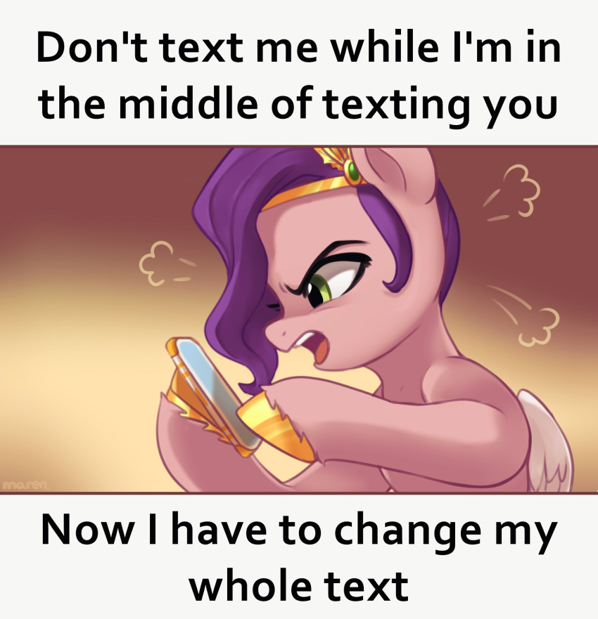 angry cellphone english_text equid equine feral gold_(metal) gold_hooves gold_jewelry green_eyes hair hasbro headpiece hi_res hooves jewelry mammal marenlicious meme mlp_g5 my_little_pony pegasus phone pipp_petals_(mlp) purple_hair relatable smartphone text wings